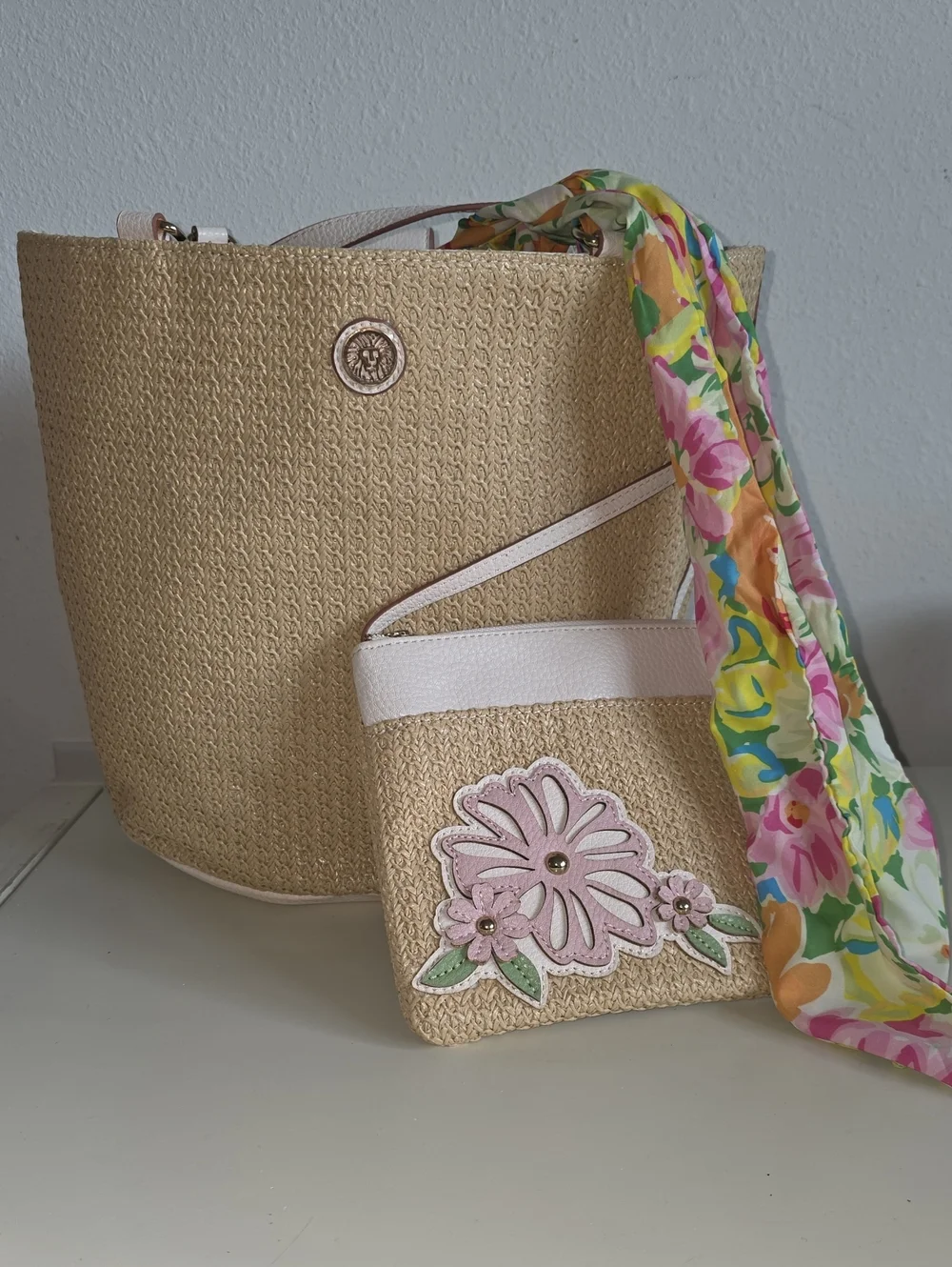 Anne Klein Beige Woven Tote with Floral Pouch and Colorful Scarf
